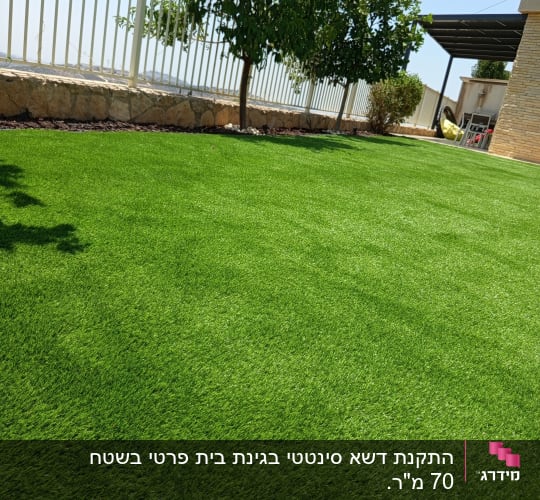 דשא ירוק ועץ ליד גדר לבנה